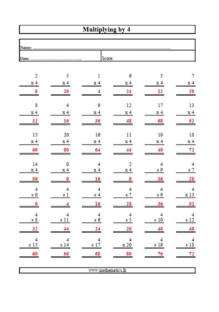 Multiply by Four Worksheet Download (Answers)