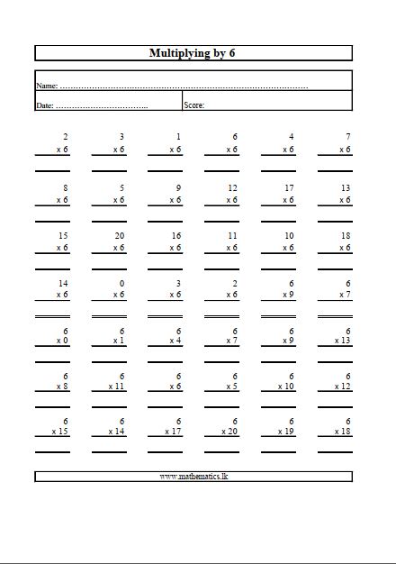 Multiplication by Six Free Math Worksheet Download
