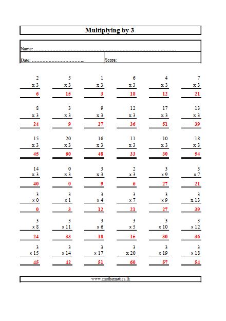 Multiplication by Three Worksheet math Answers