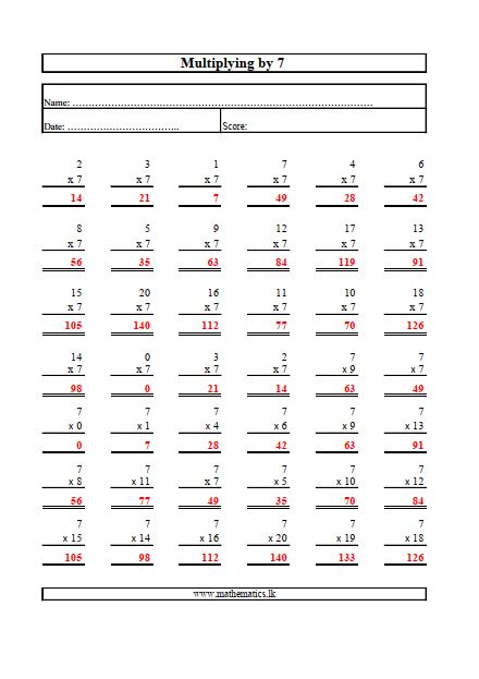 Multiply by Seven Math Worksheet Answer Free Download