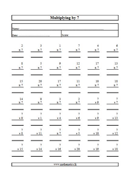 Multiply by Seven Math Worksheet Free Download
