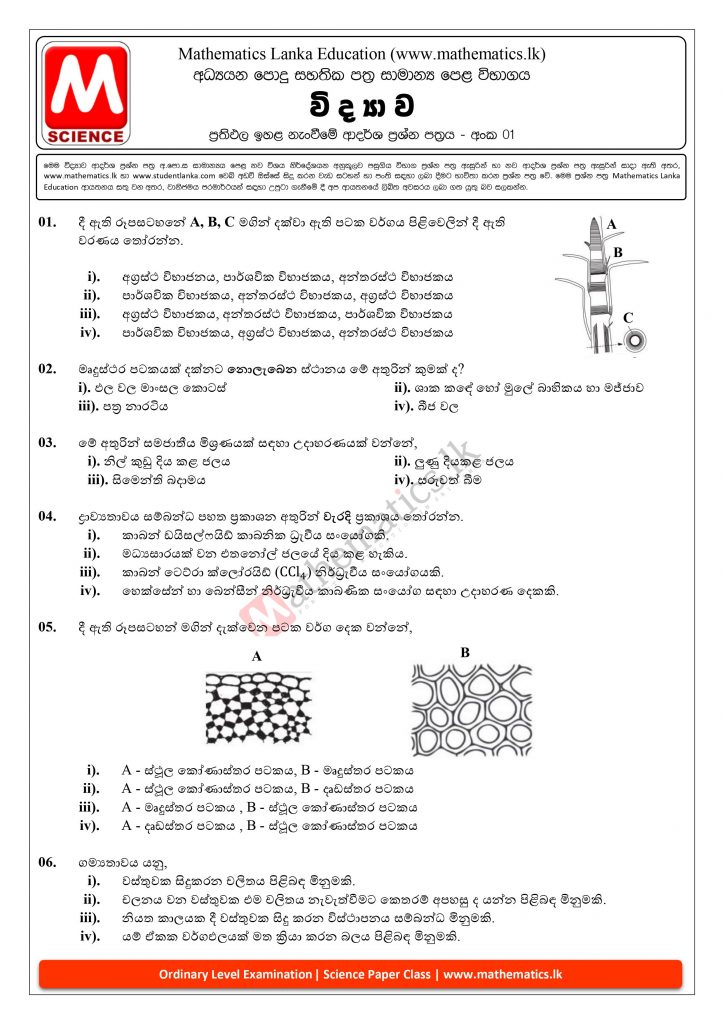 Download Grade 11 & 10 Science Model Paper 01. විද්‍යාව ආදර්ශ ප්‍රශ්න පත්‍ර අංක 01.