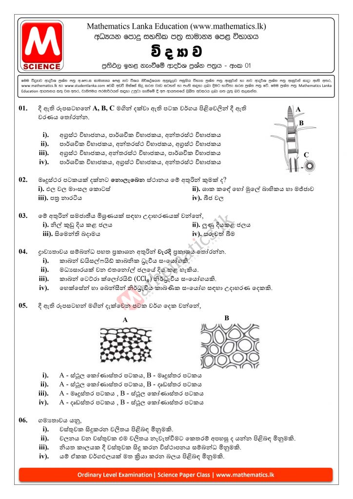 Download Grade 11 & 10 Science Model Paper 01. විද්යාව ආදර්ශ ප්රශ්න පත්ර අංක 01.