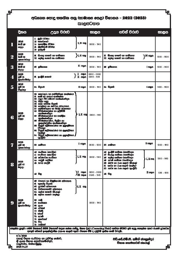GCE O/L 2022(2023) Time Table & Exam Date